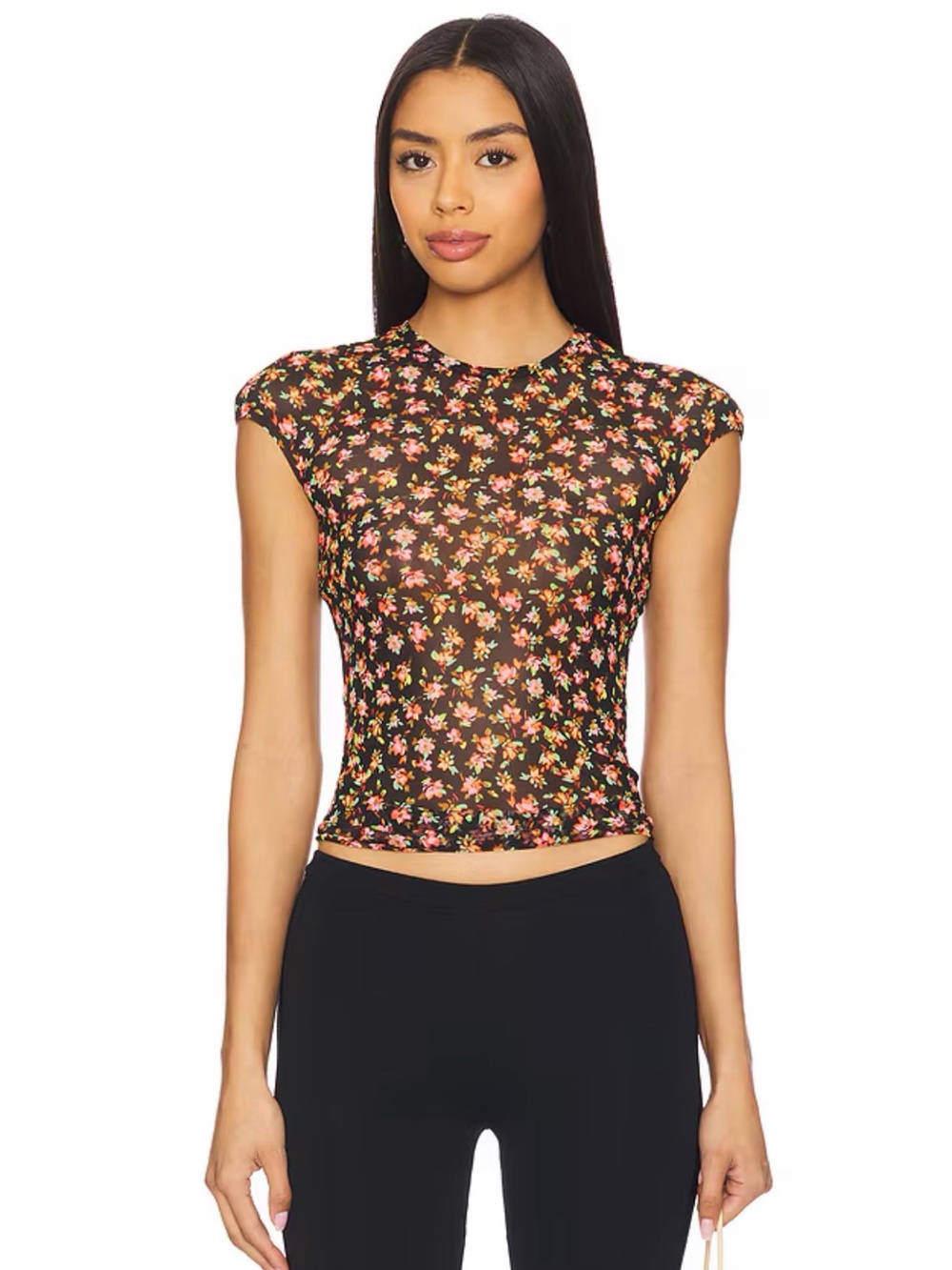 AFRM Floral Mesh Crop Top with Pink & Green Accents Size Medium